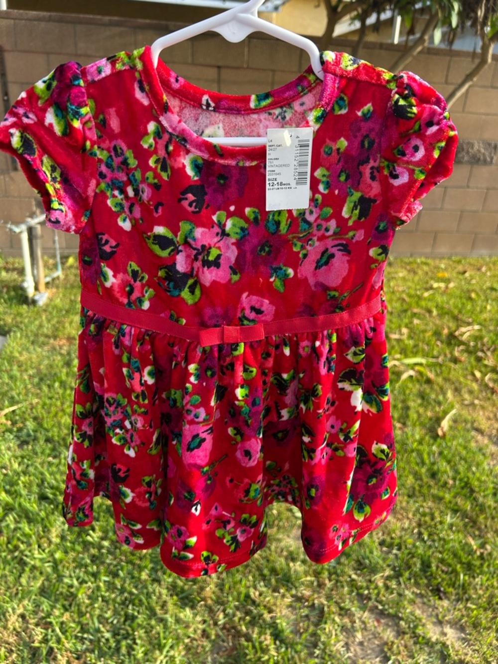 The Children's Place Bright Pink Floral Velvet Dress with Green Accents